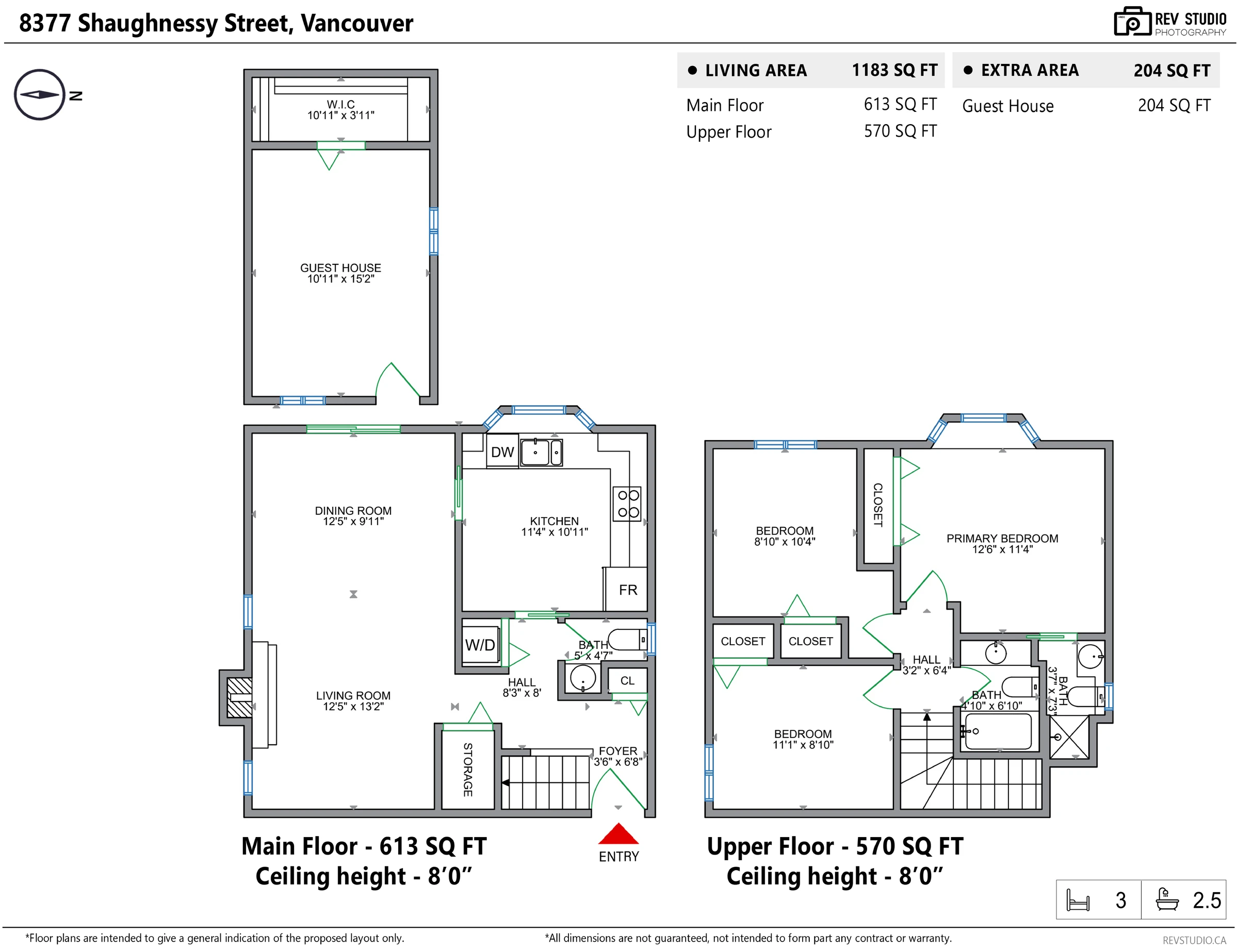 Floor plan of 8377 Shaughnessy Street showing the main floor, the upper floor and the detached guest house with room dimensions
